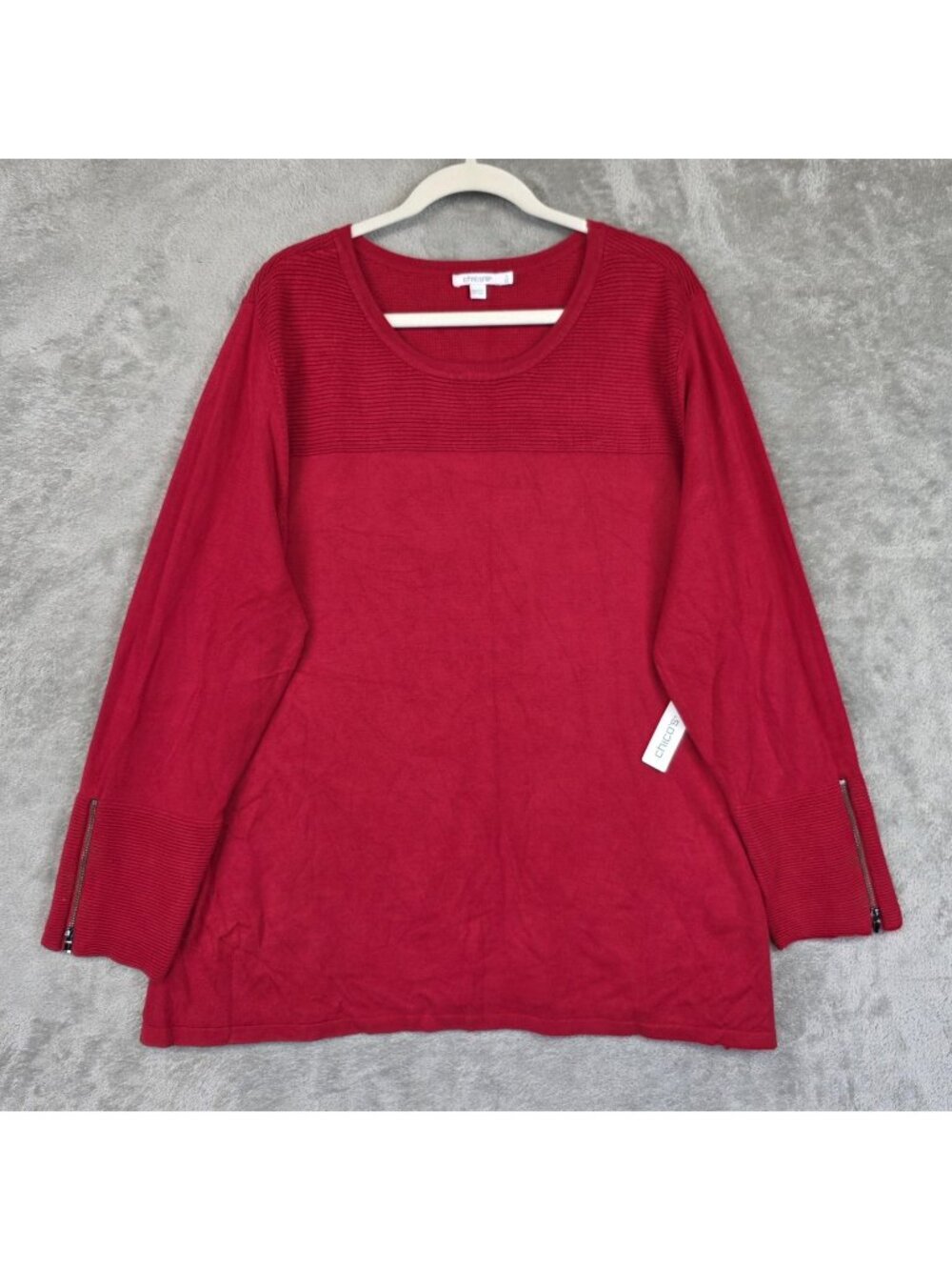 Chico's Sweater Tunic Womens XXL Red Zipper Cuff Scoop Neck Pullover Knit
